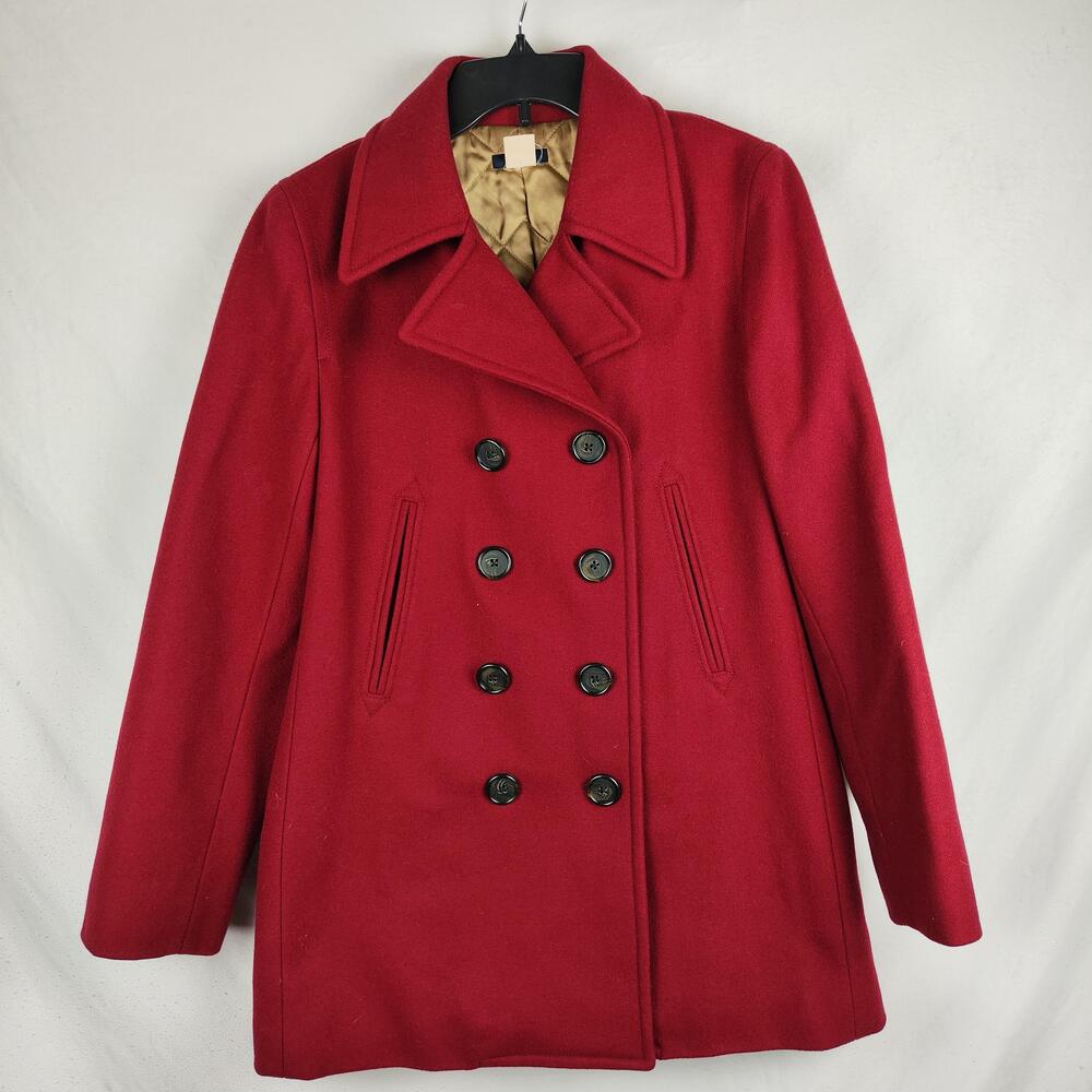 J.Crew Coat Womens Medium Red Wool Twill Double Breasted Peacoat Pockets Lined